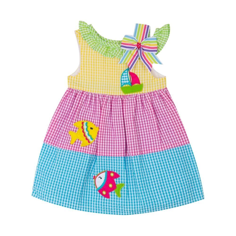 Rare Editions Baby Girls Colorblock Seersucker‎ Dress with Fish Size 3-6M